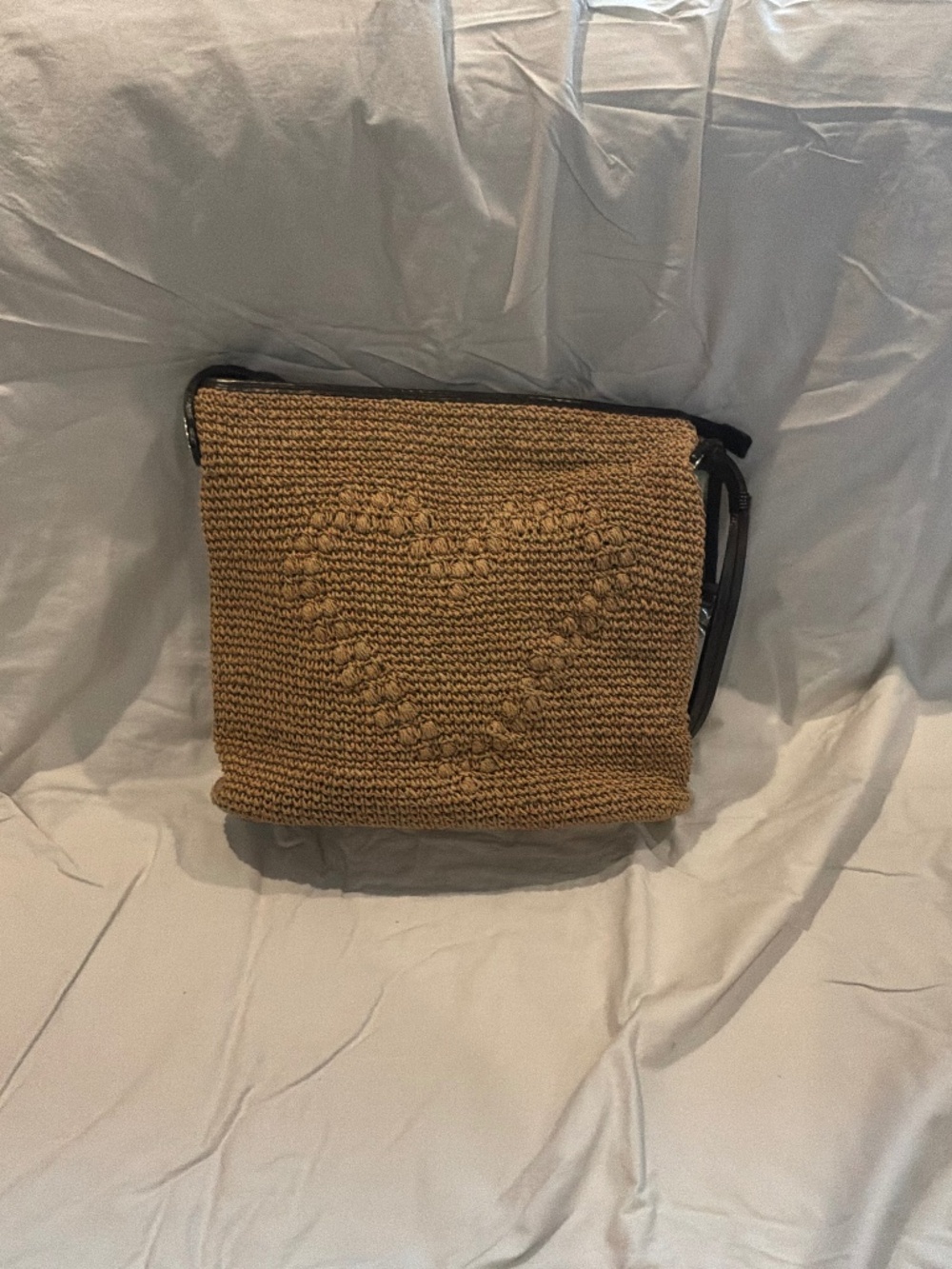 Brighton Woven Raffia Straw Crossbody Bag Brown Leather Floral Boho